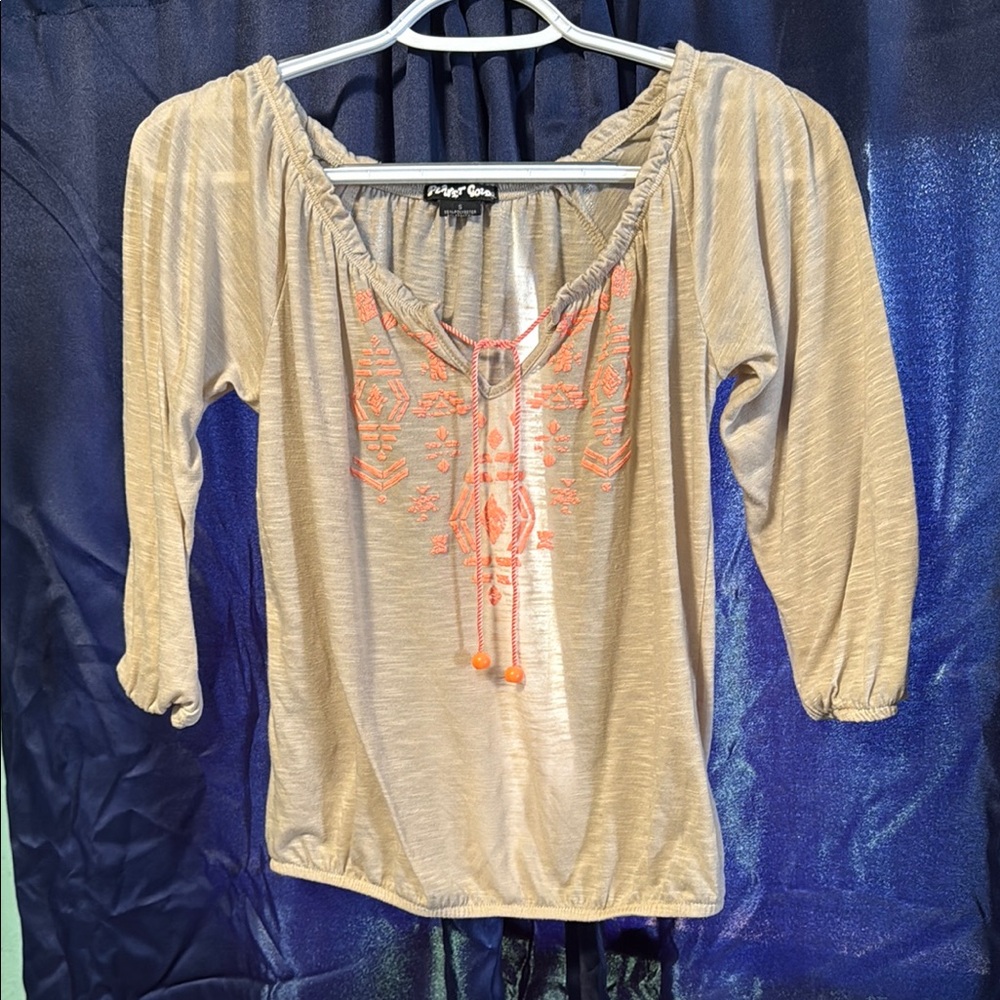 Lucky Brand Women's Tan Top with Orange Embroidery